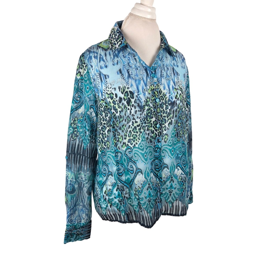 Vtg Erin London Blue Sheer Animal Mixed Print Burnout Button Up Blouse L Artsy
